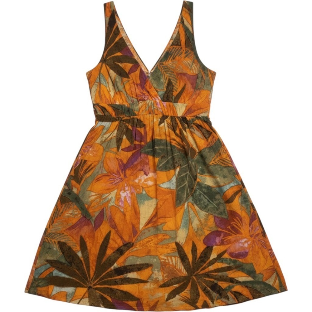 Jams World Sunset Flora Rayon V-Neck‎ Empire Waist Dress Orange Green Floral Med